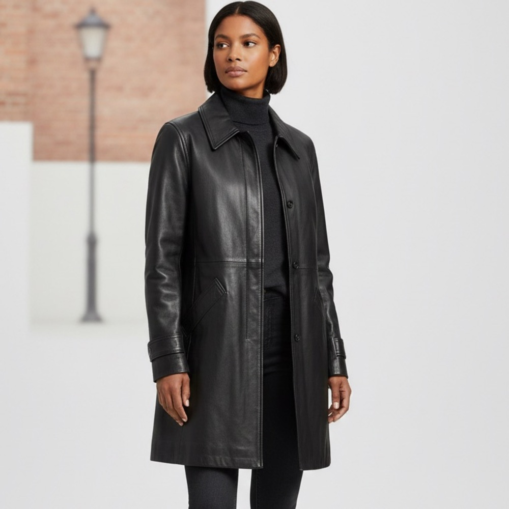 Jacqueline Ferrar Genuine Leather Hip-Length Coat